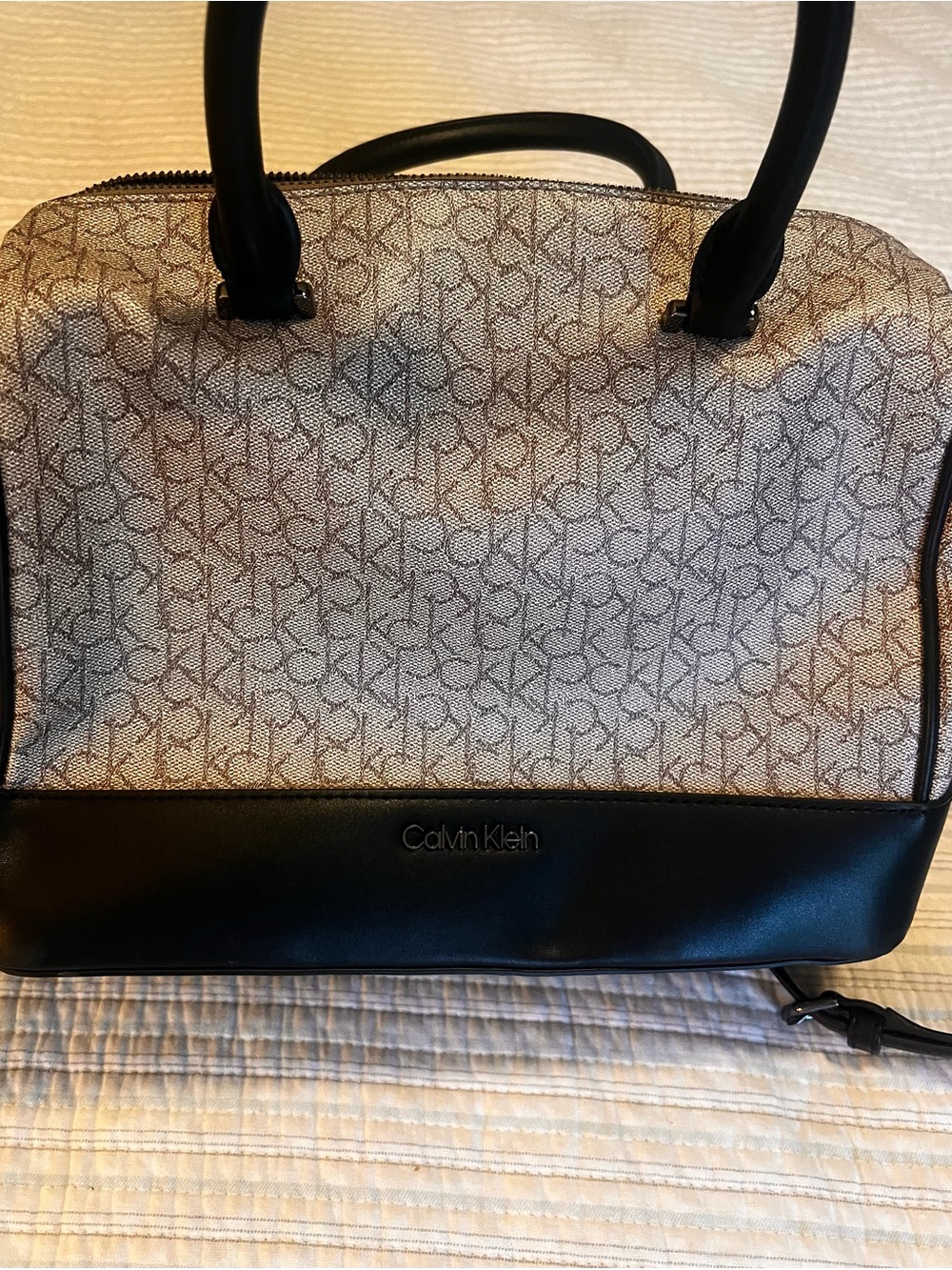 Calvin Klein Beige Monogram Dome Satchel with Black Trim